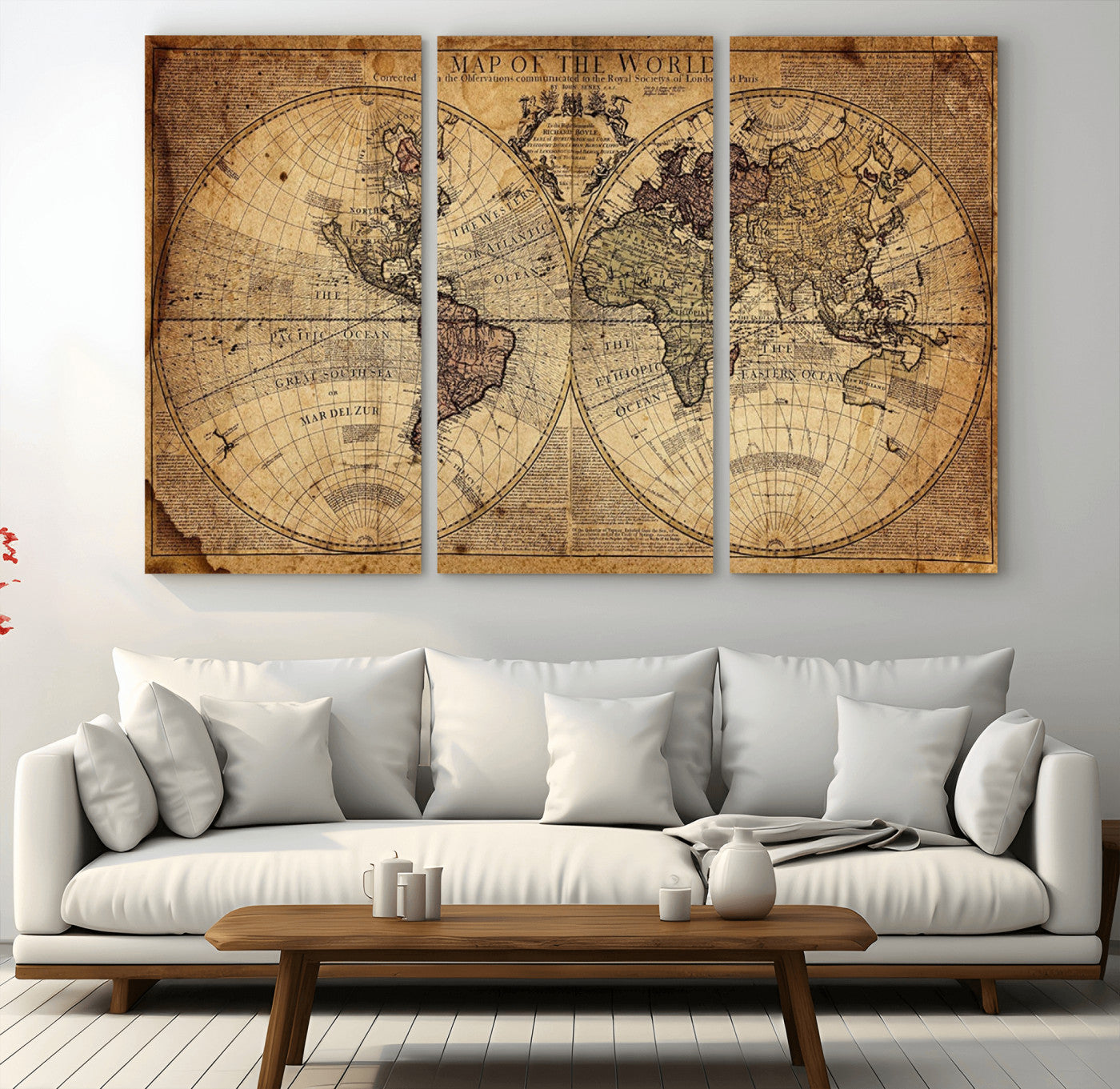 Ant1001-MGV-CV-36X24-Vintage World Map Wall Art Canvas – Antique Style Push Pin Travel Map, Framed Decorative Wall Decor for Home, Office