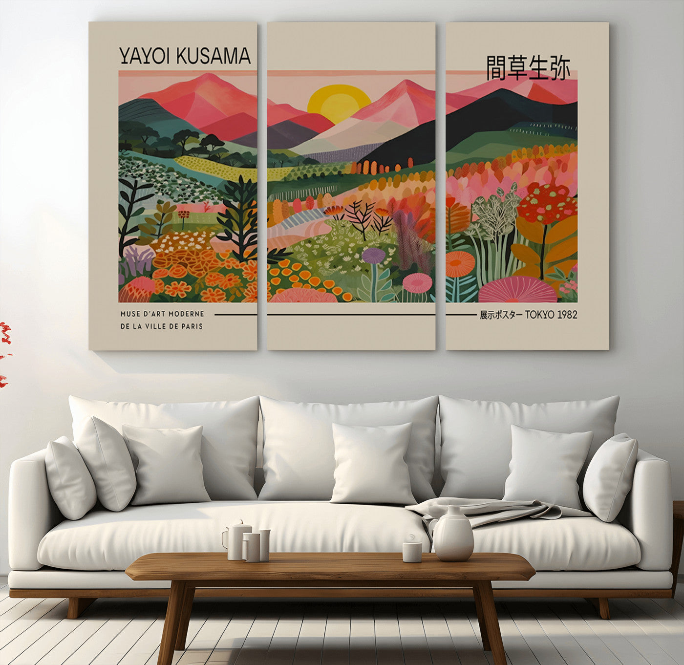 17495-MGV-CV-48X32-3P-Yayoi Kusama 1986 Wall Art Print – Wabi Sabi Japanese Vibrant Abstract Canvas Artwork for Home, Office, Living Room