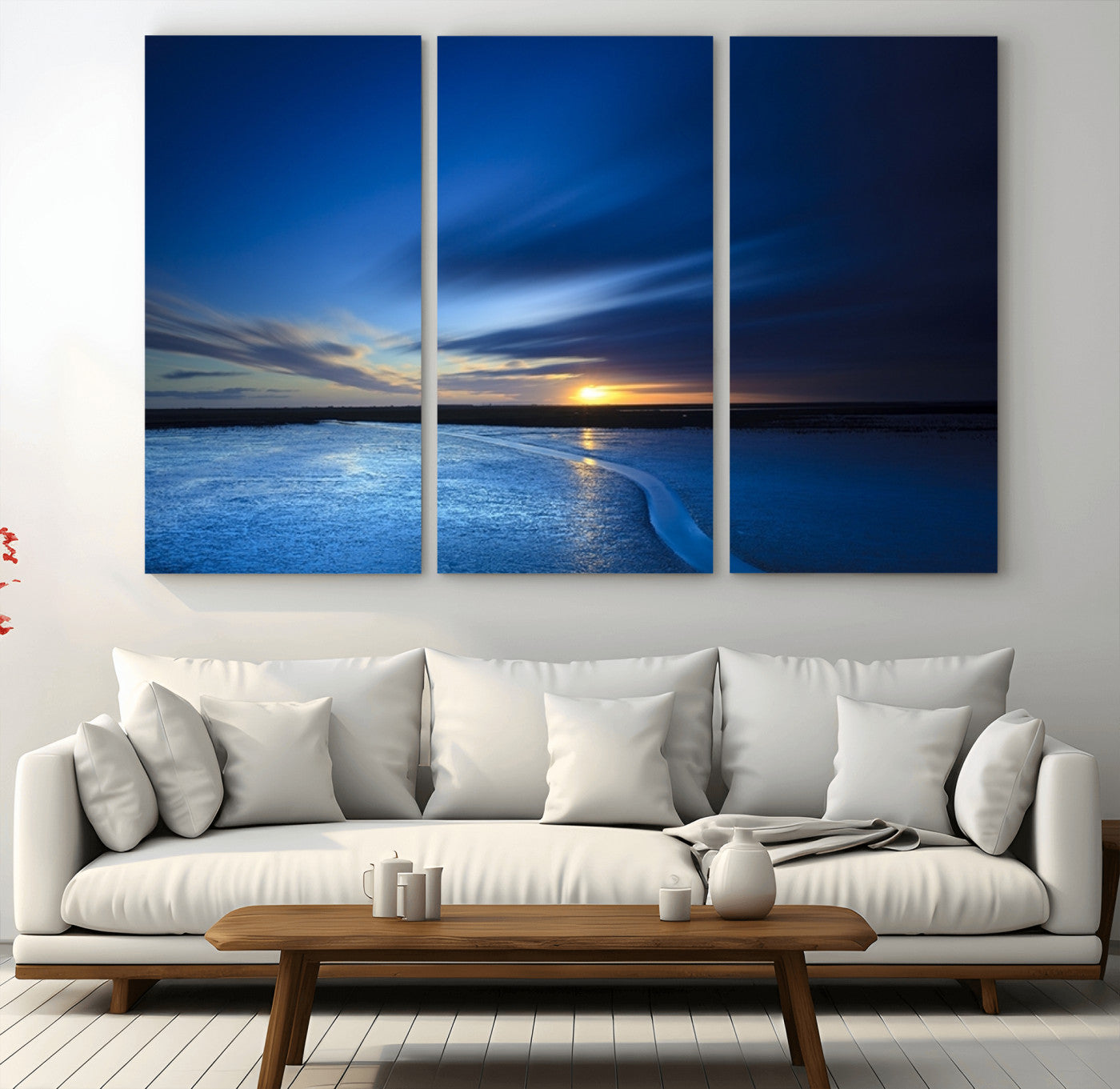 MGV-CV-48X32-3P - Blue Sunset Ocean Canvas Wall Art Print – Serene Coastal Horizon Wall Decor for Home or Office –