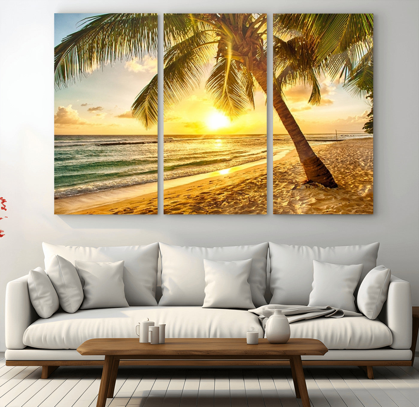 MGV-CV-48X32-3P - Beach Sunset Canvas Wall Art Print - Tropical Beach Canvas Wall Art Print – Vibrant Palm Trees and