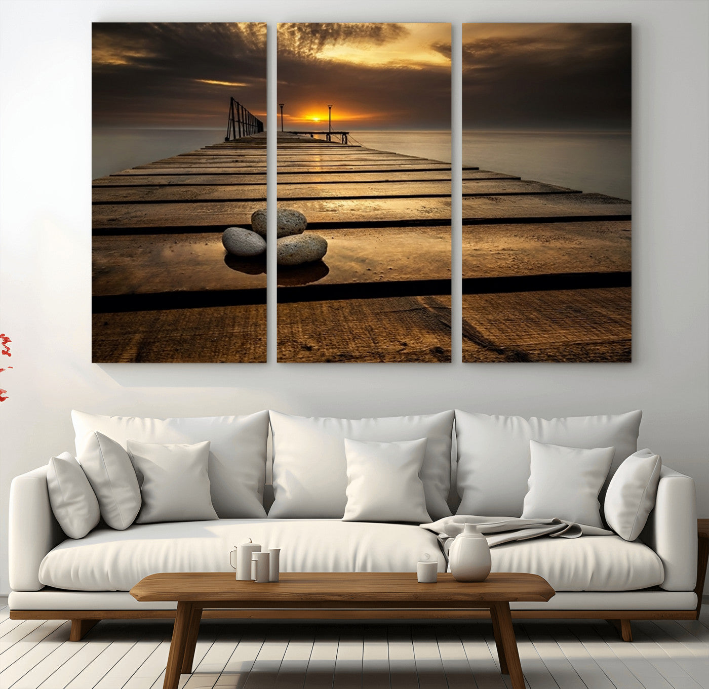 MGV-CV-48X32-3P - Stones on Wooden Pier at Sunset Canvas Print, Serene Coastal Wall Art, Beach Sunset Photography,