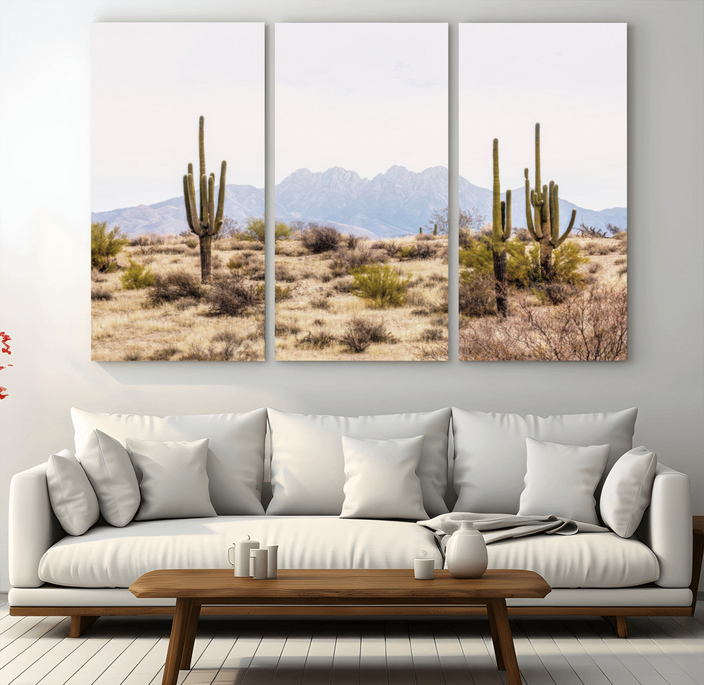 97436-MGV-CV-48X32-3P-Desert Cactus Canvas Wall Art – Serene Southwestern Arizona Landscape with Majestic Mountains -