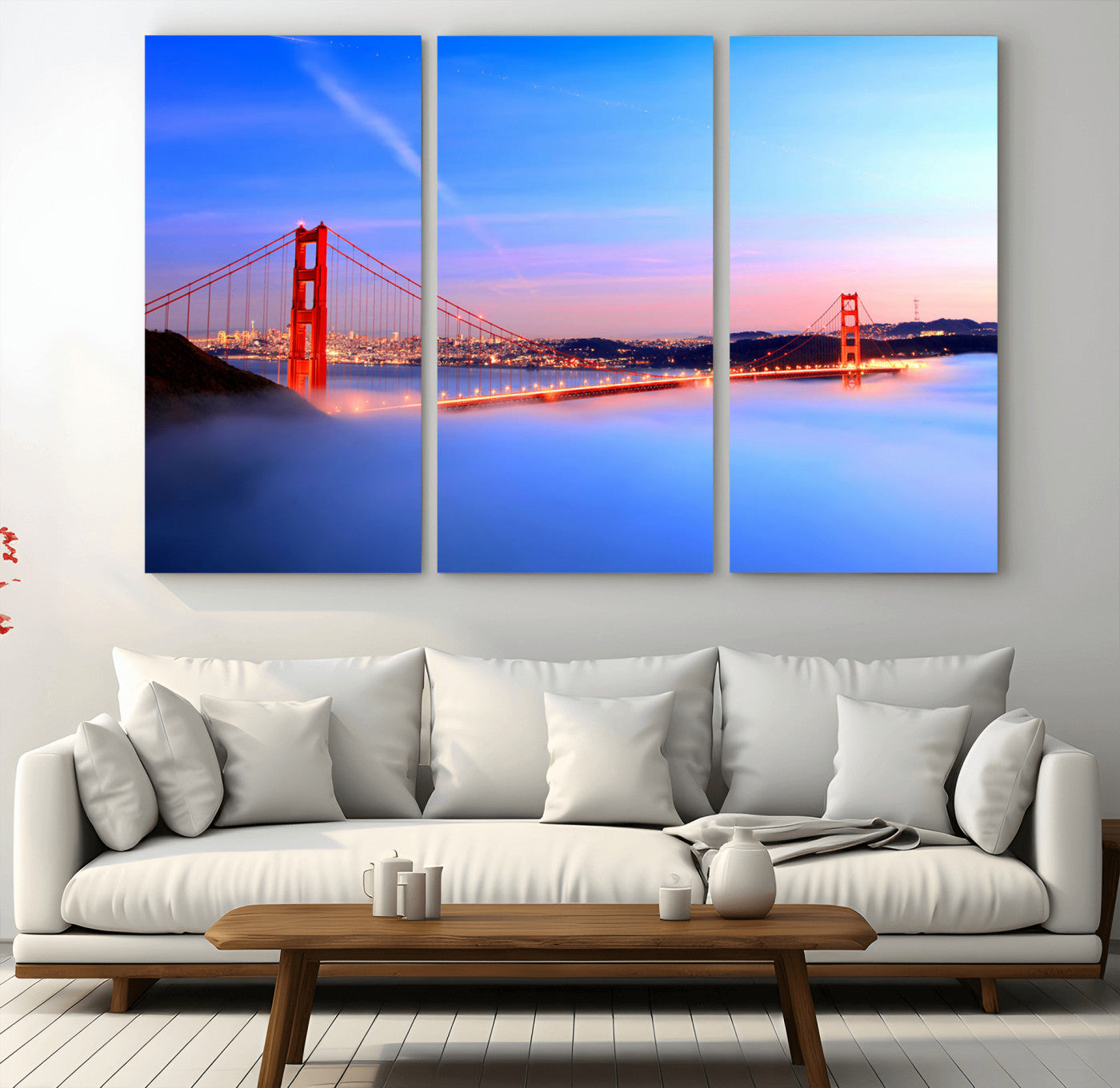 MGV-CV-48X32-3P - Golden Gate Bridge Wall Art Print, San Francisco Sunset Canvas Wall Art, Cityscape Canvas Print for