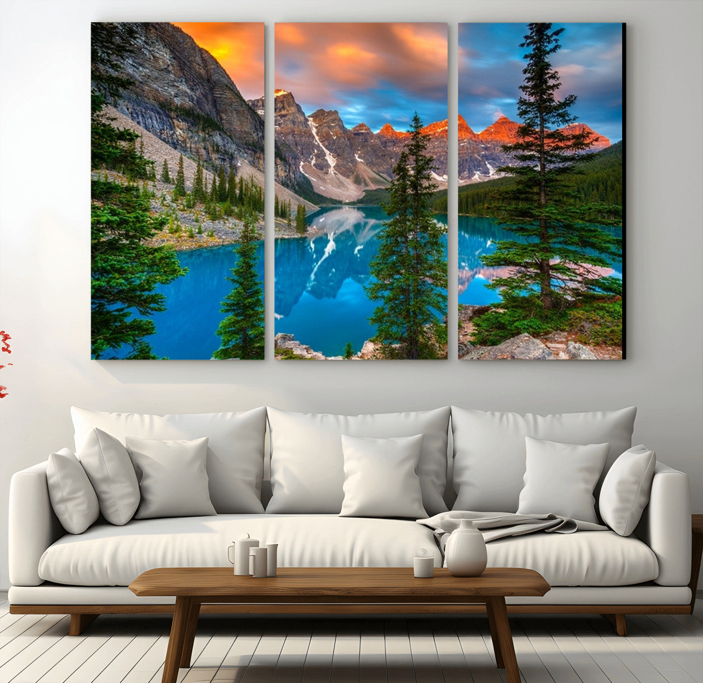 MGV-CV-48X32-3P - Canadian Rockies Moraine Lake Wall Art Canvas Print, Pine Trees Mountain Spring Canvas Print