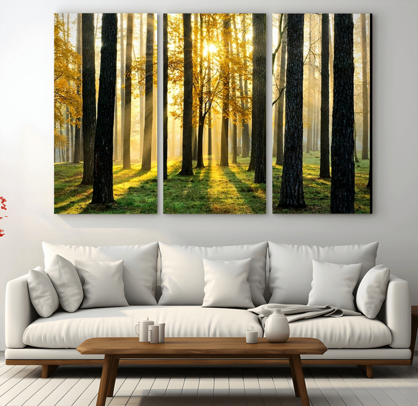 MGV-CV-48X32-3P - Sunlit Forest Wall Art Canvas Print - Large Framed Woodland Wall Art for Home or Office Decor,