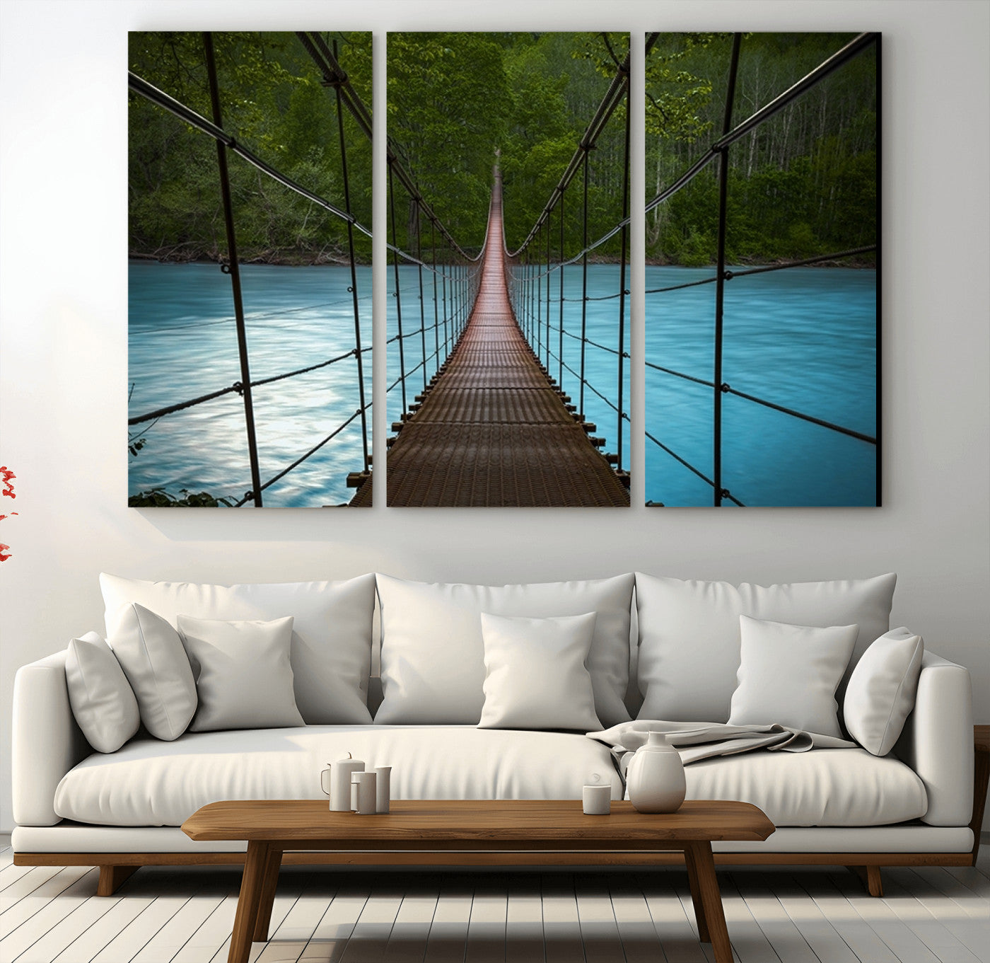70229-MGV-CV-48X32-3P-Suspension Bridge Over River Canvas Art | 3-Panel Nature Photography | Scenic Wall Art for Living