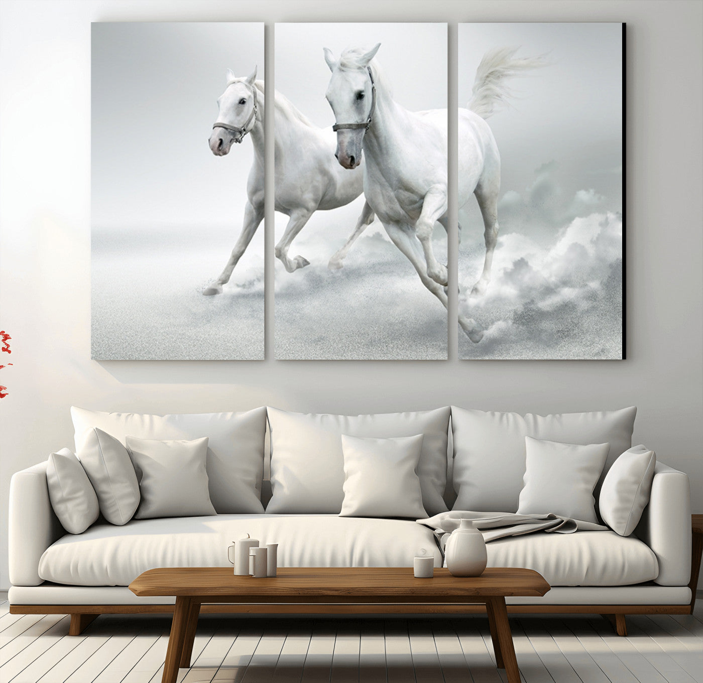 99992-MGV-CV-48X32-3P-Large Wall Art Canvas Print – Beautiful Running White Horses Animal Artwork for Home, Office, Living Room