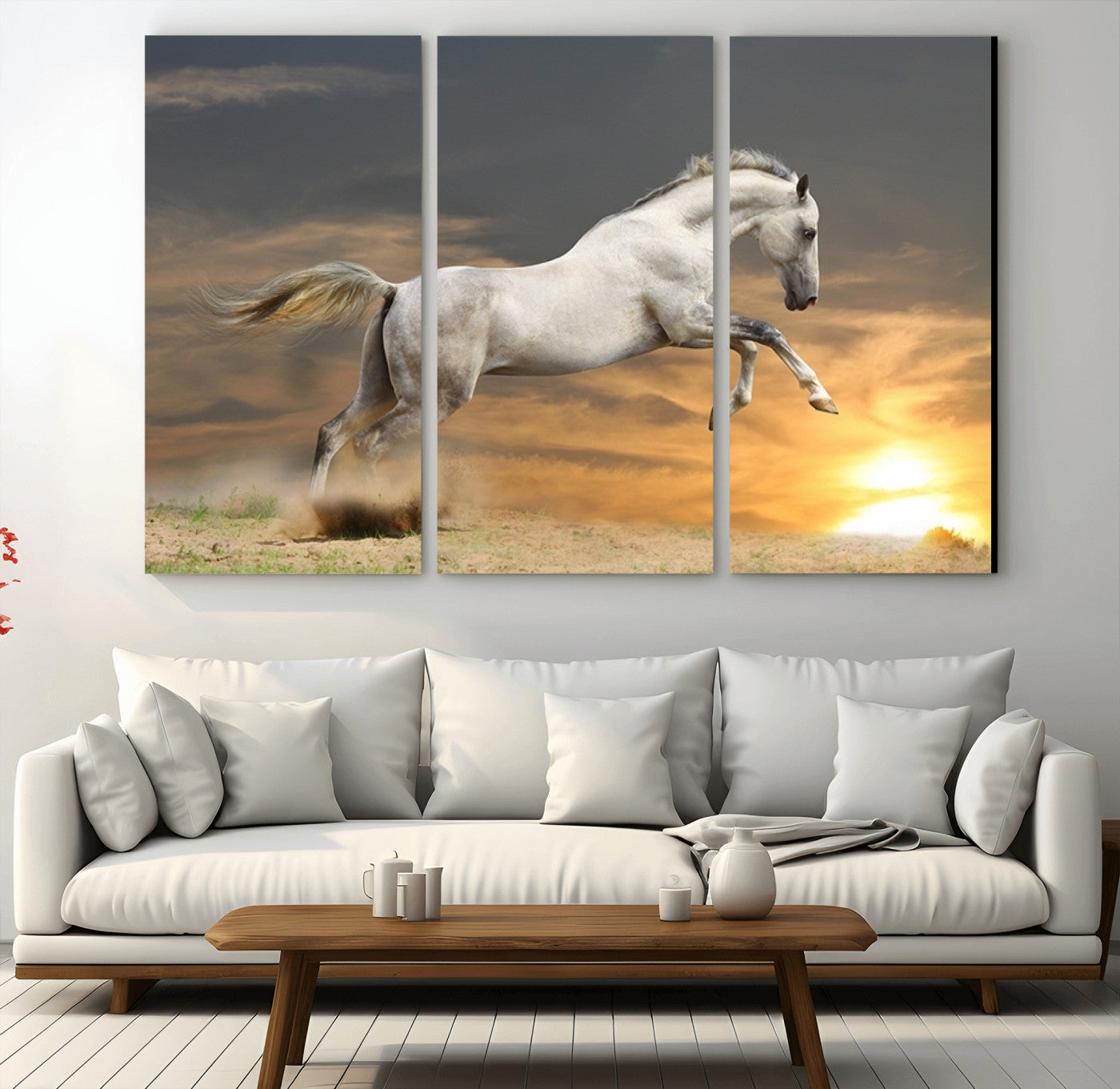 96845-MGV-CV-36X24-Large Wall Art Canvas Print – White Jumping Horse Sunset Scene Animal Artwork for Home, Office, Living Room Decor
