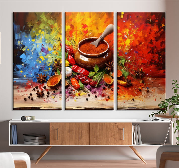 The Abstract Spoonful of Spice Art Print Kitchen Herbs and Spices, a triptych featuring colorful spices and a wooden bowl printed on museum-quality canvas, is ready to hang.