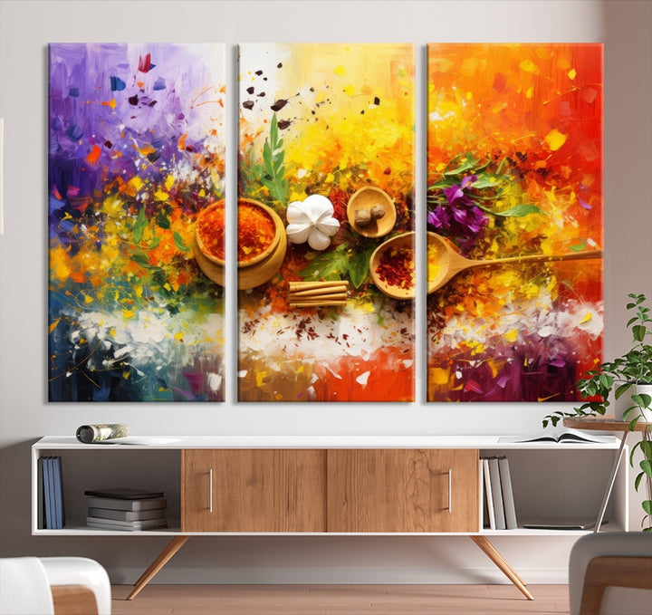 The Abstract Spoonful of Spice Art Print Kitchen Wall, featuring a colorful triptych design of spices and herbs on museum-quality canvas with a UV-protective coating, enhances the modern living room. It's ready to hang, adding a vibrant touch to the space.