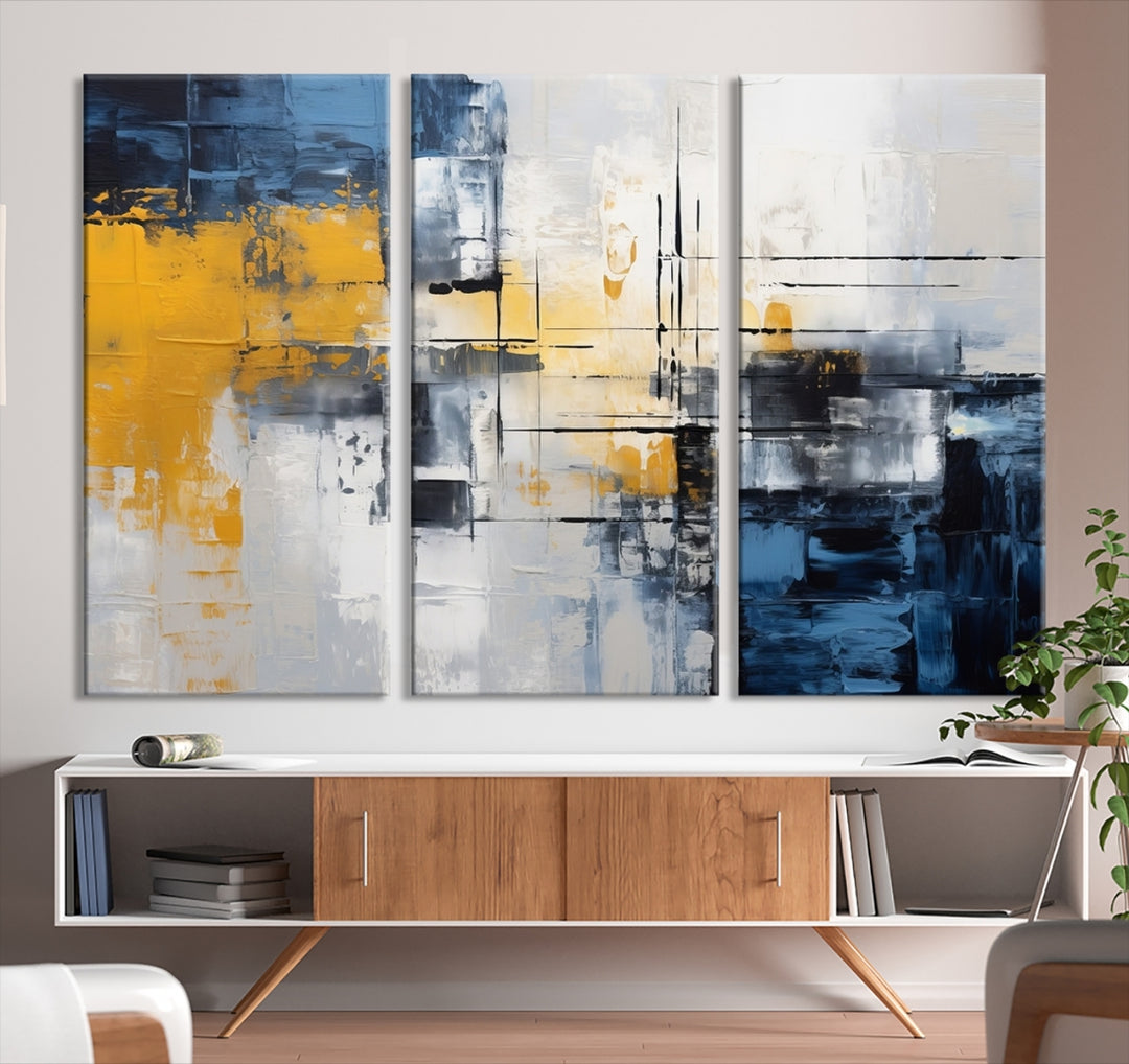 The Yellow Orange Blue Abstract Wall Art Print on gallery-wrapped, museum-quality canvases adds a vibrant touch to the room.