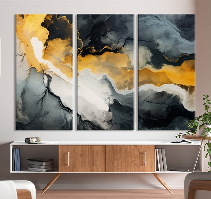 The Smoke Gray Green Golden Abstract Contemporary Art Canvas beautifully enhances a modern living room. Created on museum-quality canvas, this ready-to-hang artwork guarantees longevity and sophistication, perfectly aligning with the contemporary aesthetic.