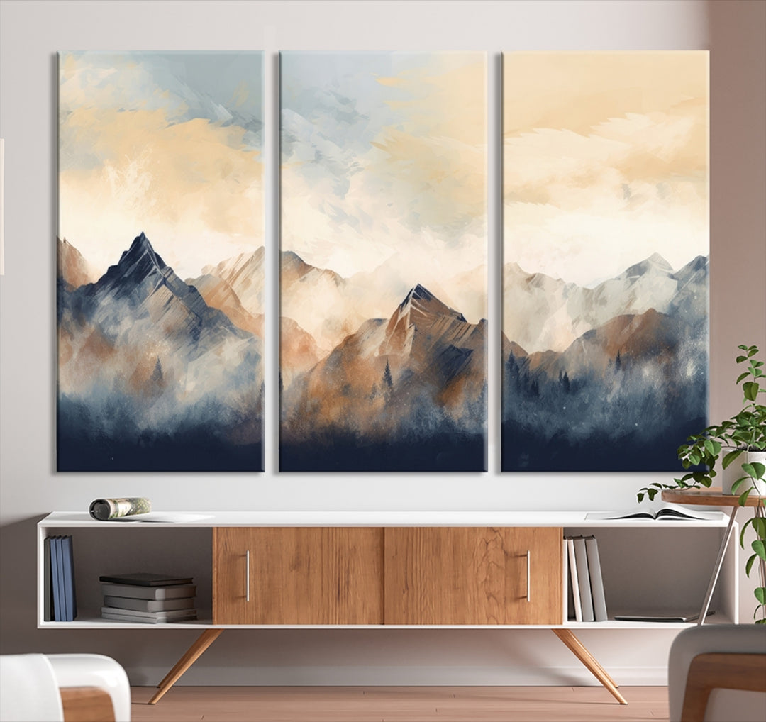 The Extra Large Abstract Mountain Wall Art, printed on museum-quality canvas, creates a stunning triptych. Set against a dark green wall, these ready-to-hang pieces bring an elegant touch to your décor.