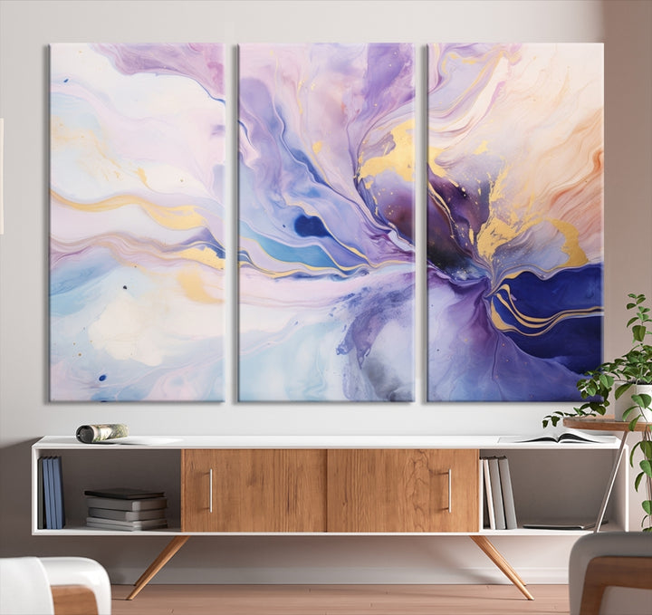 In the modern living room, a captivating Purple Color Abstract Wall Art Print graces the walls, mounted on museum-quality canvas, infusing the space with an artistic flair.