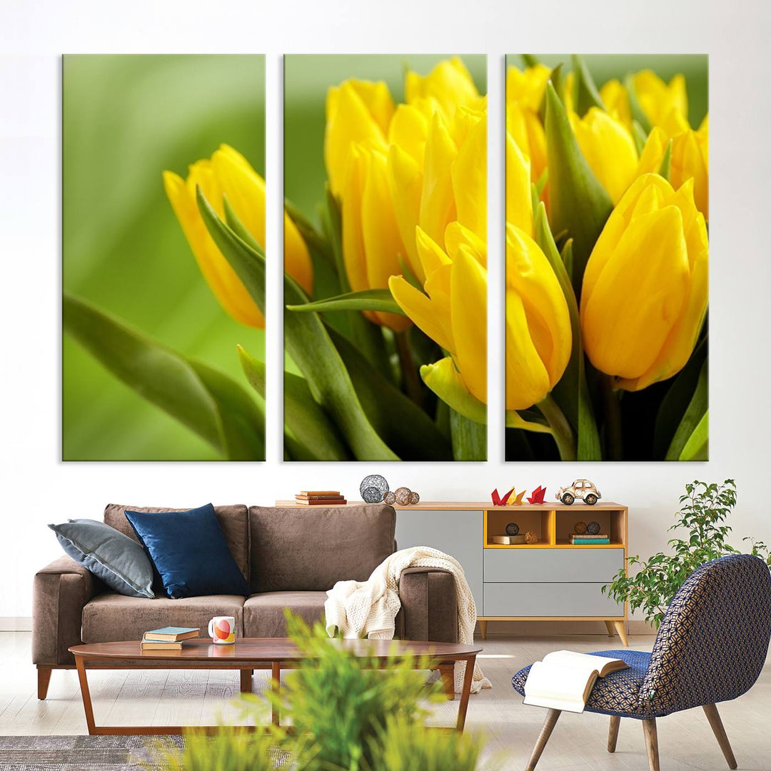 The Wall Art Yellow Tulips Canvas Print on a green background is featured.