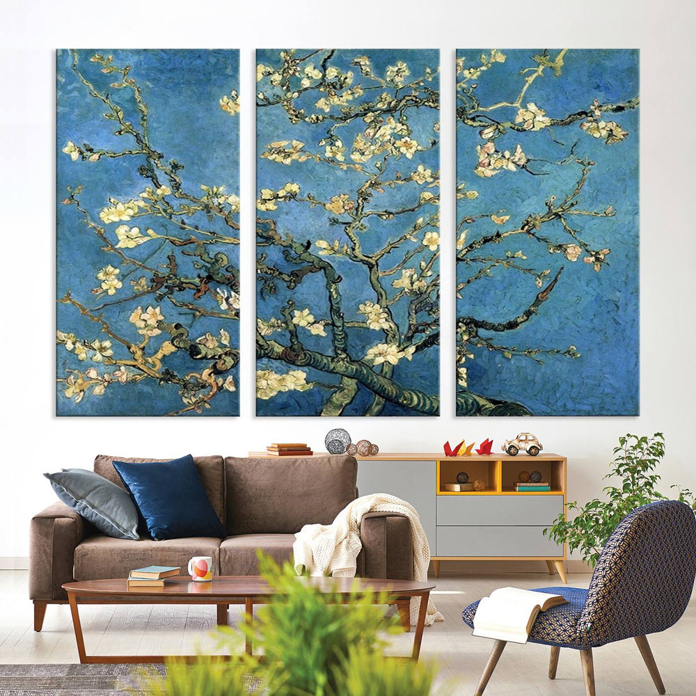 A Van Goghs Almond Blossom canvas print adds a touch of elegance to the wall.