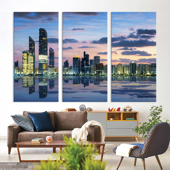 A gallery-quality wall art canvas print captures the Dubai city skyline with skyscrapers reflected in water at sunset.