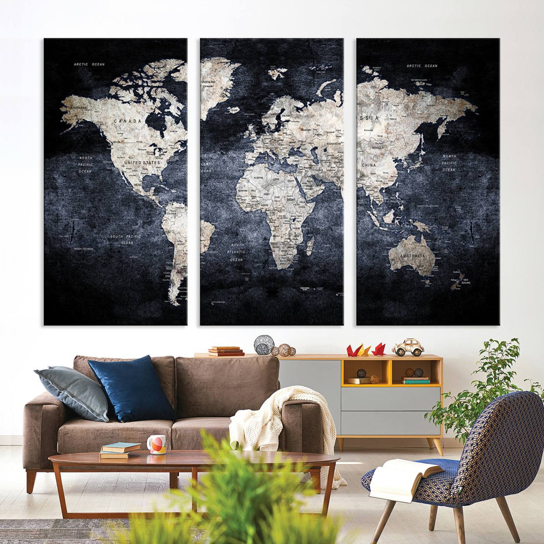 Rustic Black and Bronze World Map Canvas Triptych features white continents on a grunge-stained background.