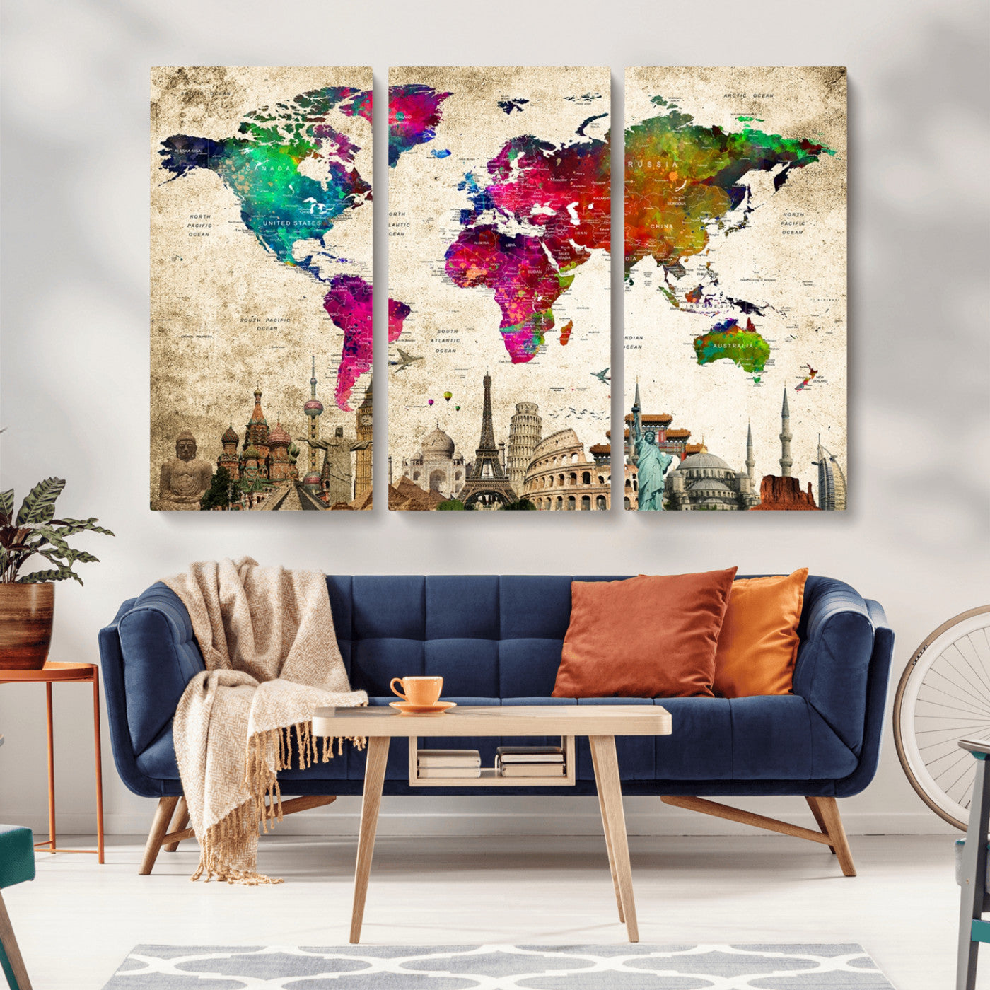 MGV-CV-48X32-3P - Push Pin World Map Canvas Print – Framed Wall Art for Couples to Track Their Travels – Anniversary