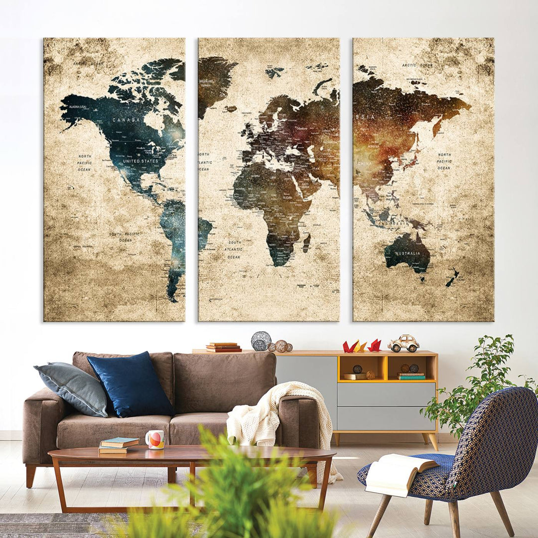 Vintage World Map Canvas Wall Art, perfect for antique-style decor, displayed against a light wood wall.