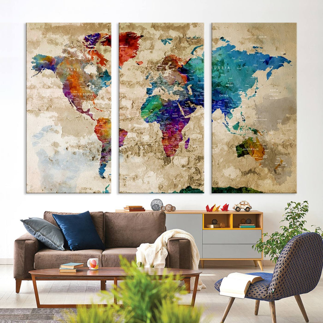 An Abstract Large Watercolor World Map Canvas Print hangs prominently.