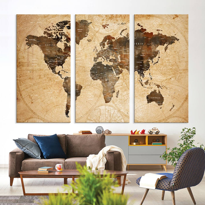 Vintage World Map: 3-Panel Canvas Print in antique rustic style. Framed and gallery wrapped. Ideal for decor.