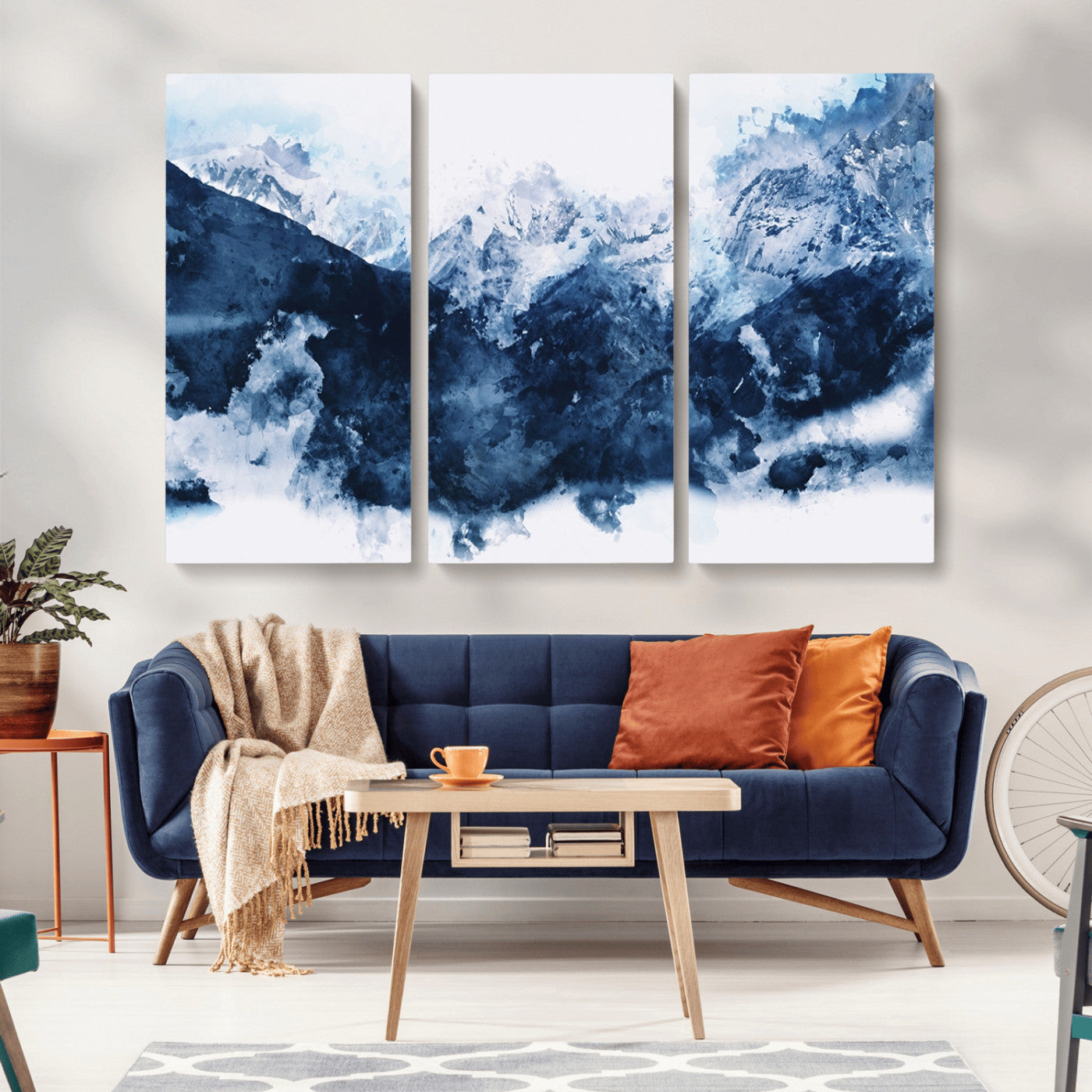 81700-MGV-CV-36X24-Abstract Blue Mountain Canvas Wall Art – Modern Triptych Landscape Print – Contemporary Nature Decor for Living Room or Office – Ready to