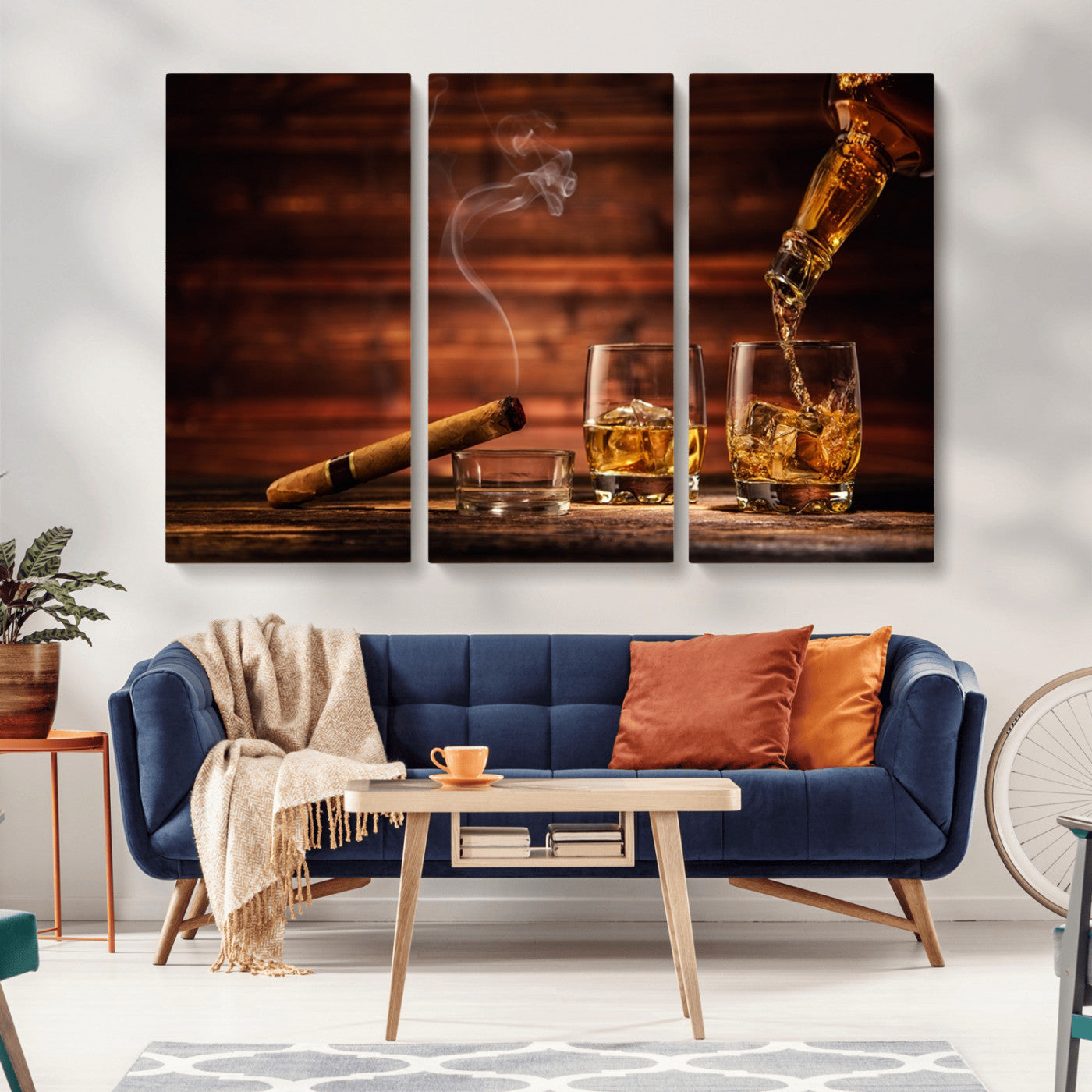 MGV-CV-48X32-3P - Whiskey and Cigar Wall Art Canvas | 3 Panel Bar Room Decor for Home Lounge, Office, or Man Cave |