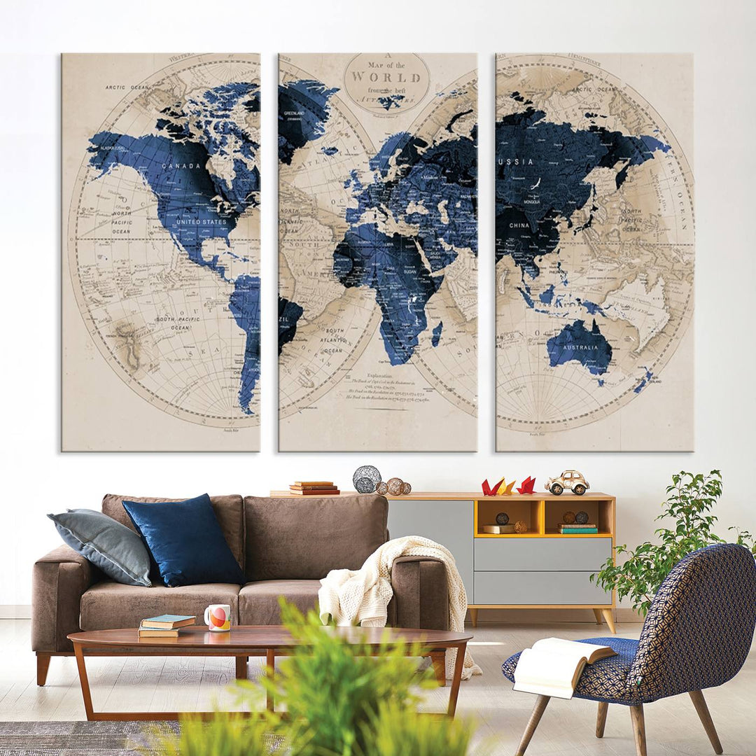 The Vintage Triptych Map Print is a grunge-stained blue and beige world map, perfect for enhancing wall decor.