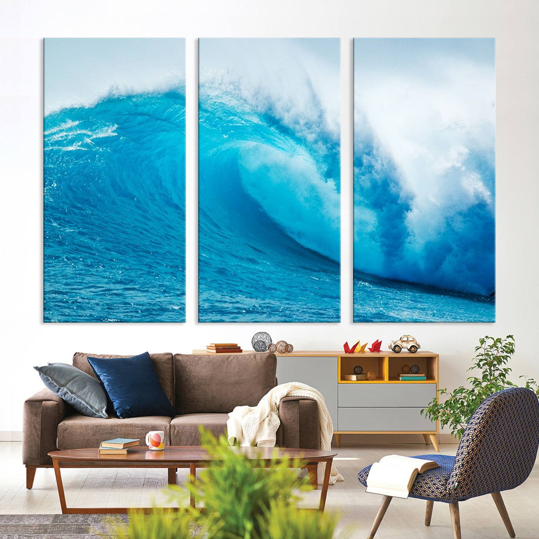 A museum-quality canvas depicting a vibrant blue ocean wave with white foam under a clear sky.