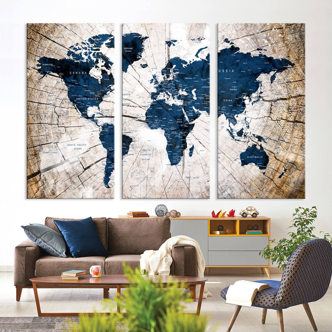 The Vintage World Map on Grunge Background Canvas serves as the focal point of the room.