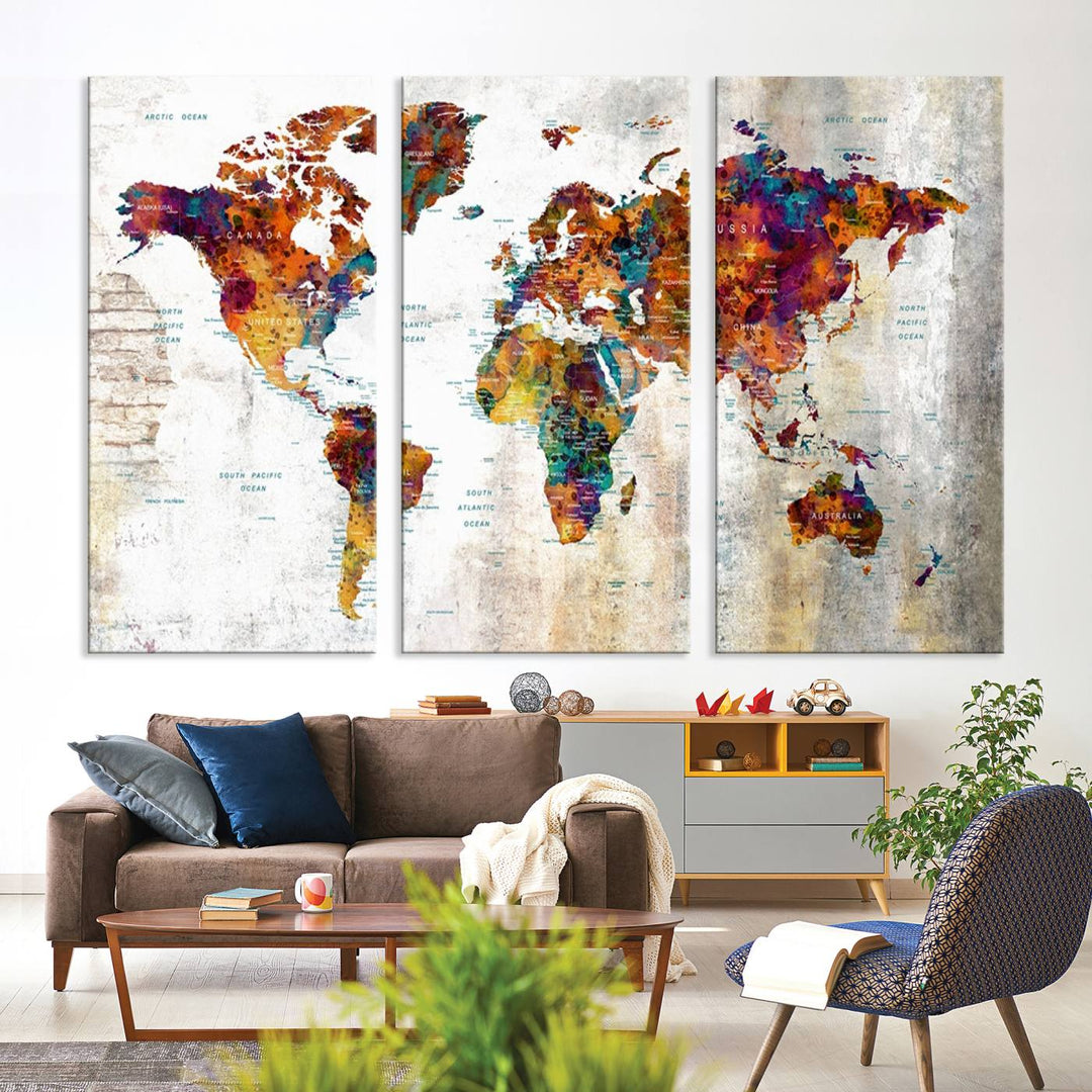 A vibrant Grunge Map Canvas Wall Art Set (3 Panels) for home or office decor, perfect for travel enthusiasts.