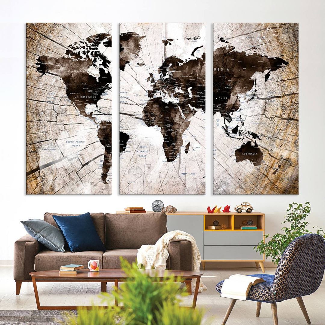 The Tree Ring World Map Canvas hangs above the table, blending into the nature-inspired setting.