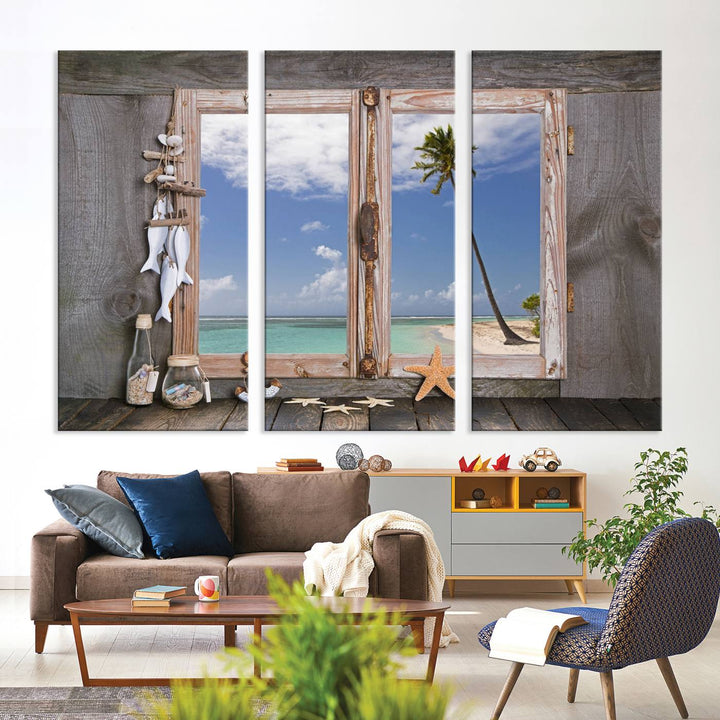 The Window Wall Art Relaxing Beach features seashells and a rustic window frame.