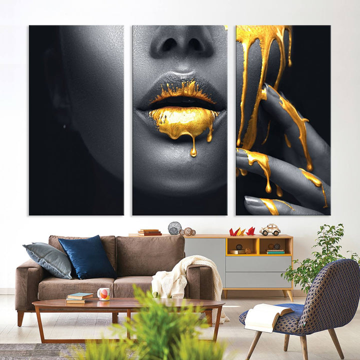 The Gold Lips and Black Woman Makeup Canvas Print features a chic monochrome face design, making it ideal for a modern dining room.