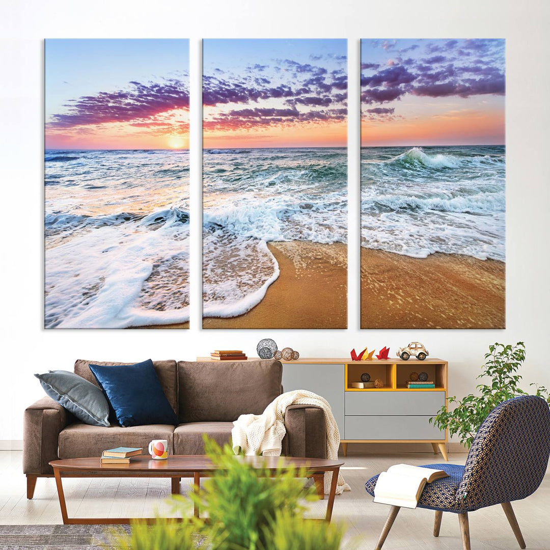 The Tropical Beach Waves Art Print, depicting an ocean sunset and sandy shore, enriches the coastal decor of the dining area.