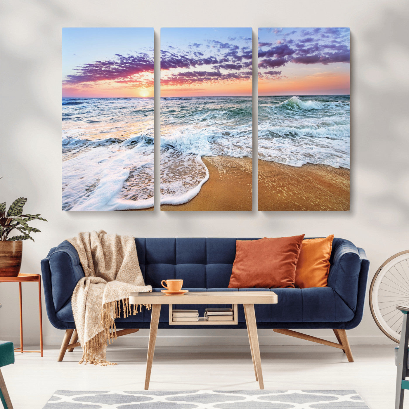 MGV-CV-48X32-3P - Coastal Sunset Art Beach Canvas Wall Art Print | Ocean Waves Wall Art | Large 3-Panel Seascape for