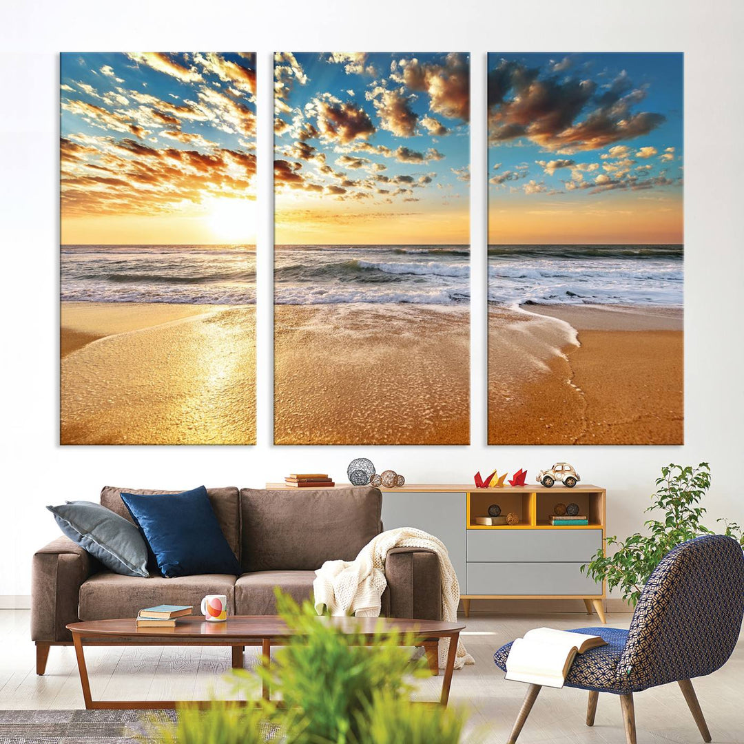 A gallery-wrapped canvas titled Soothing Sunset on Calm Beach is featured.