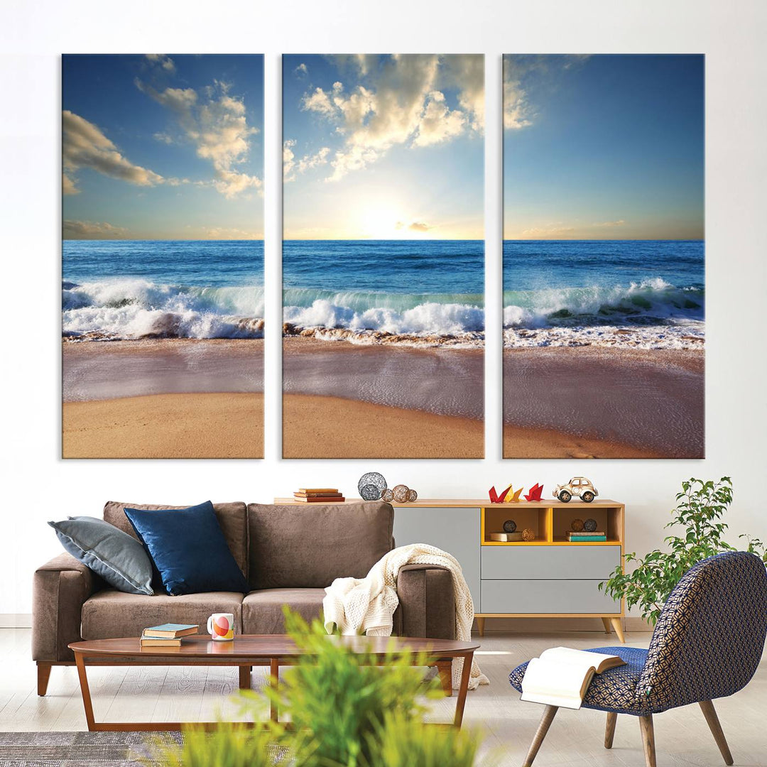 The dining room features a Coastal Tropical Beach Sunset canvas wall art.