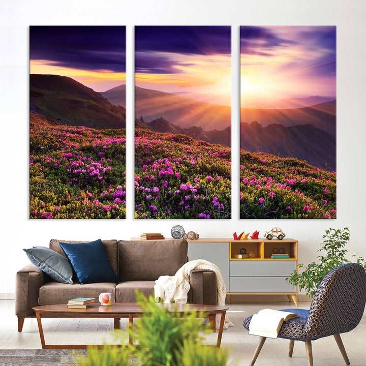 Gallery-wrapped wall art of a stunning mountain sunset and purple flowers.