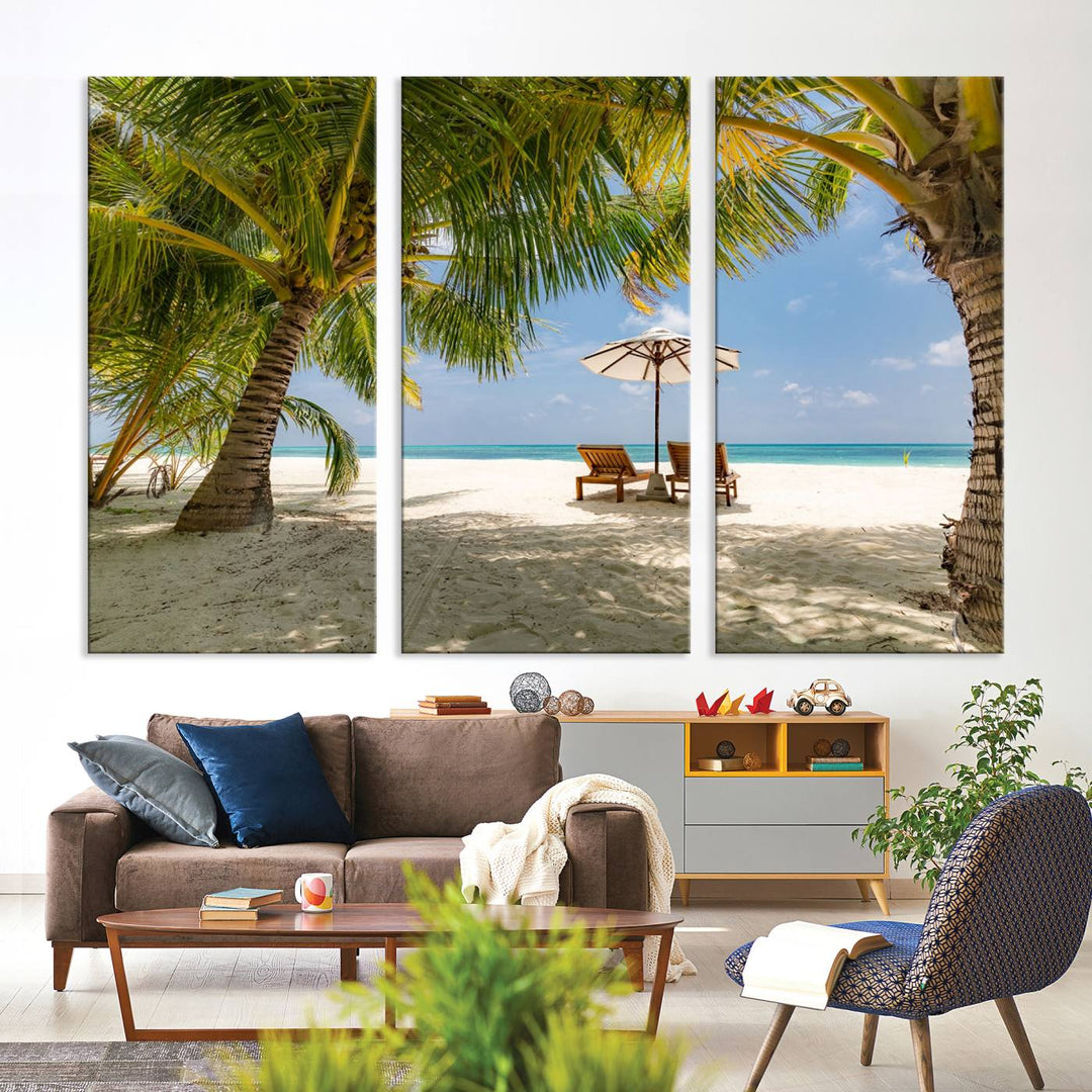 The canvas art print titled Lounge Chairs Palm Trees on Tropical Beach offers free shipping.