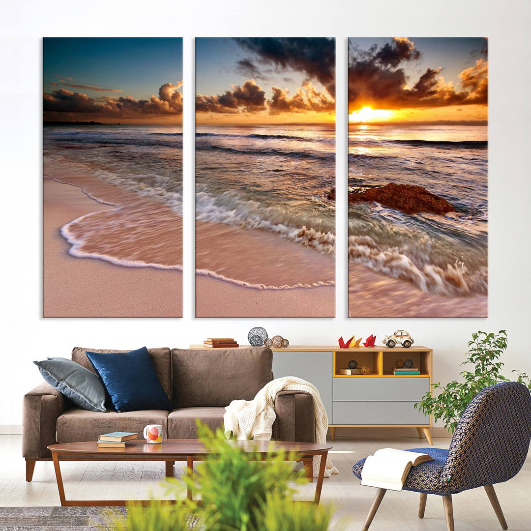 The Sunset on Ocean Wall Art Canvas Print beautifully captures a beach sunset, gentle waves, and a peaceful atmosphere.