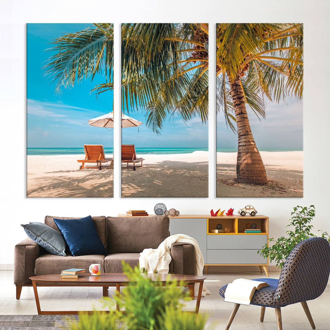 The 3-panel Tropical Beach Wall Art features palm trees and sun loungers, perfect for coastal decor.