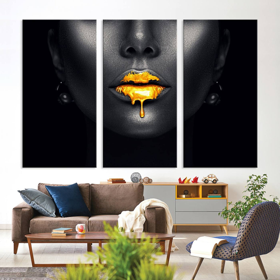 The Honey Gold Lips and Black Woman Photograph canvas print adds a striking touch to the room.