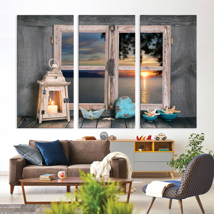 The Astonishing Sunset from the Window canvas print beautifully captures a sea view, accompanied by a lantern and starfish.