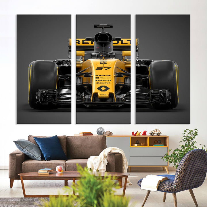 A yellow and black F1 Renault car canvas print with free shipping.