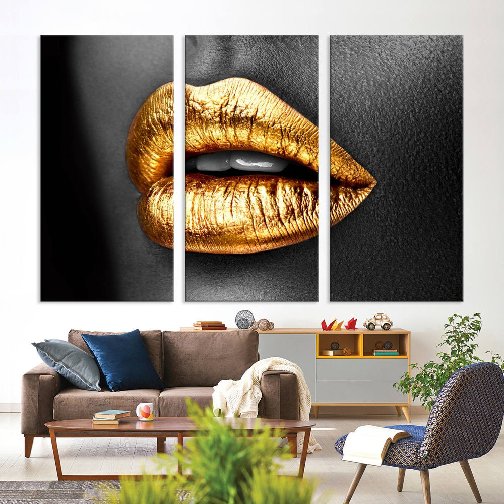 The Gold Lips Canvas Wall Art on a black background is showcased.