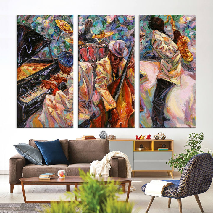 The wall features an African American Jazz Art Music Abstract Painting on Canvas.