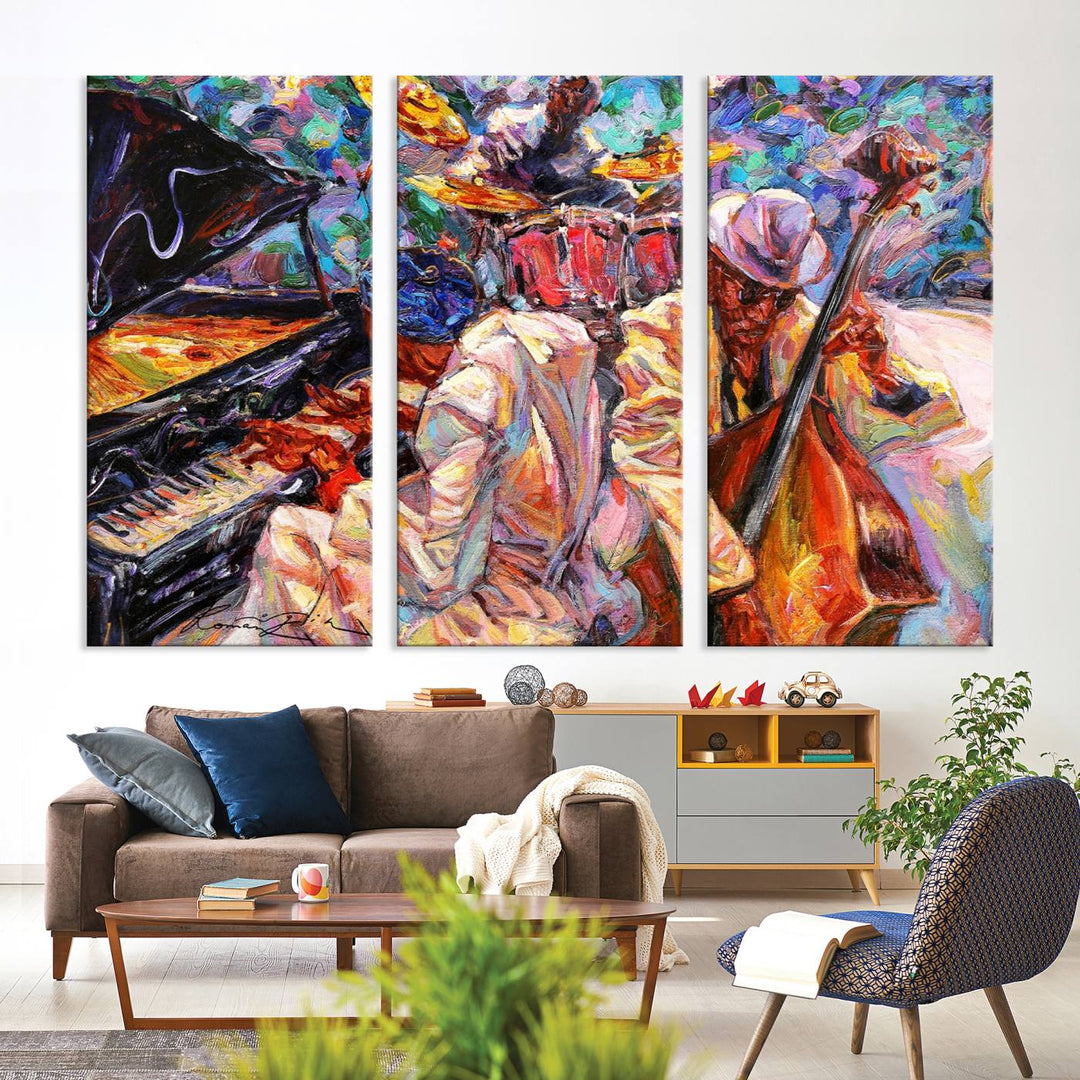 The Jazz Trio Art Canvas Print hangs prominently on the wall.