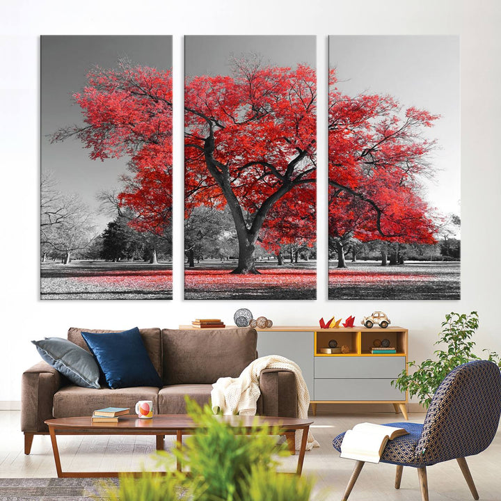 A Red Autumn Tree Canvas Wall Art Print of red leaves.